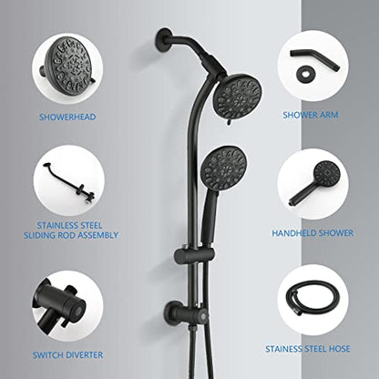 High Pressure 48-Settings Shower Head with Handheld Shower,Drill-Free 3-Way Diverter for Easy Reach,Adjustable Height Slide Bar Dual Shower Head Combo Set - Matte Black - color: Matte Black