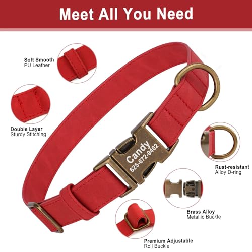 Personalized Dog Collars for Puppies, Custom Soft PU Leather Dog Collar with Engraved ID Name and Number, Adjustable & Durable Pet Collars with Quick Release Metal Buckle,XS(8-13") - color: Red-Engraving, size: X-Small: Fit 8-13" Neck