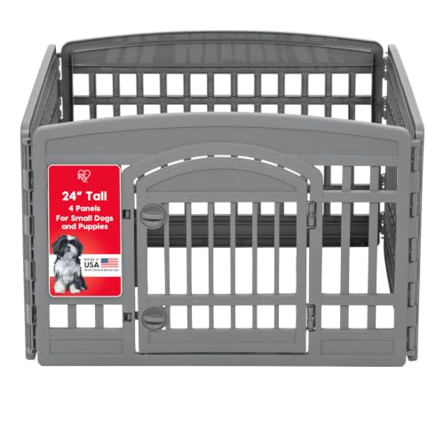 IRIS USA 24" Dog Playpen 4-Panel Pet Exercise Pen with Door Gate 35 x 35 x 24 Puppy Play Pen Indoor Outdoor Plastic Foldable Portable Pet Fence for Small Medium Dogs Puppies Multiple Pets Gray - color: Gray, size: 4 Panel - 24" H