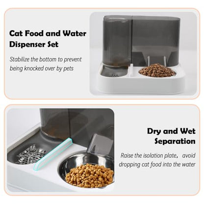 Automatic Gravity Cat Feeder with Stainless Steel Food Bowl, 2 in 1 Cat Feeder and Water Dispenser Combo Detachable Pet Water and Food Dispenser Set for Puppy Kitten Small Dog(Gray) - color: 【Grey】