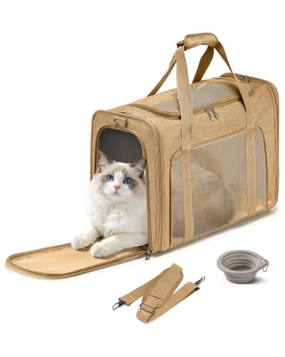 Soft-Sided Pet Carrier Bag Large Cat Small Dog Carriers,Khaki | 55x40x23 cm Up To 26lbs For Medium Cats Dogs Puppies Collapsible Travel Puppy Carrier with Foldable Bowls - color: Khaki