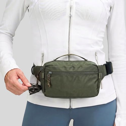 Dog Walking Bag, Treat Pouch & Poop Bag Holder, Crossbody Bag, Olive Green | Crossbody dog walking bag, hands-free. PEVA-lined treat pouch, poop bag holder, leash hook. Water-resistant, 4-50 in. strap - color: Olive Green