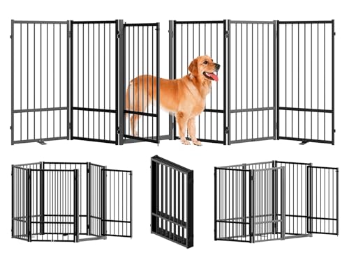 SNUOWU Full Metal Freestanding Dog Gate with Door, 32''Height Foldable Pet Dog Fence for Indoor & Outdoor, 6 Panels Extra Wide Free Standing TallDog Gates for Doorways,House,Stairs,Porch,Deck,Yard - color: Black, size: 【6 Panels】120"W*32H"