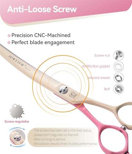 Curved Dog Grooming Scissors with Coating 440C Stainless Steel, 7 inch Professional Curved Shears Dog Grooming，25 Degree of Curved Blade，Pet Shears for Trimming Face and Paws, Pink & White - color: Pink&white