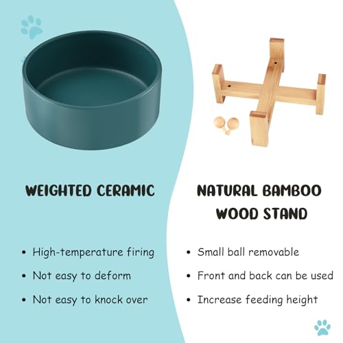 SPUNKYJUNKY 15° Slanted Ceramic Dog and Cat Bowl with Wooden Stand, Tilted Bulldog Food and Water Bowl No Slip Non-Spill for Cats Medium Dogs Big Face Pets 28.7 OZ (3.6 Cups, Green) - color: Green, size: 3.6 CUPS × 1