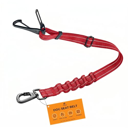Dog Car Seat Belt 3-in-1, Escape Proof Dog Seatbelt for Car, Adjustable Pet Seat Belt with Shock Absorbing Bungee, Heavy Duty Dog Safety Belt for Small Medium Large Dogs, Red - color: Red