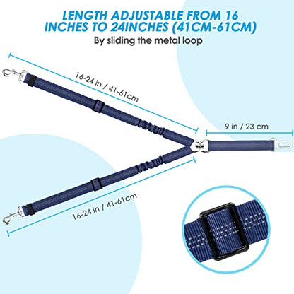 SlowTon Dog Seat Belt, Double Dog Seatbelt Adjustable Vehicle Safety Leash with Elastic Bungee Buffer, Reflective No Tangle Y Shape Two Dog Harness Seat Belt Splitter for Pets Car Trip (Blue, S) - color: K.Blue, size: 2 Small in 1