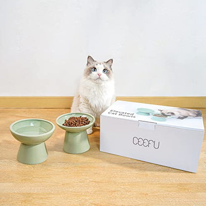 CEEFU 2 Elevated Ceramic Cat Bowls Extra Wide for Food & Water – Whisker Fatigue Shallow Food Dish, Lead & Cadmium-Free, Raised Height for Cats, Sage Green - color: Sage Green