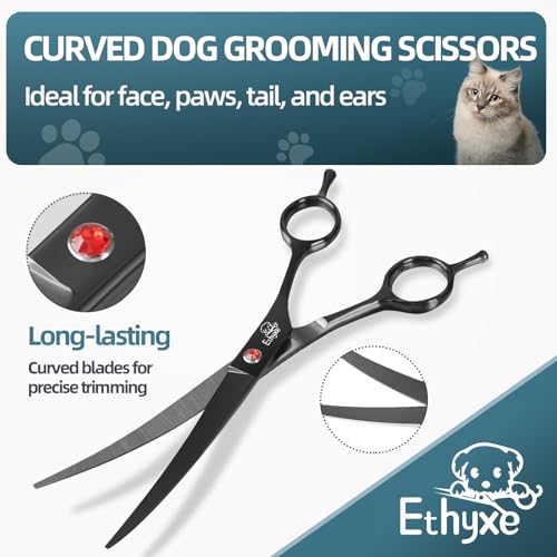 7.0" Professional Dog Grooming Scissors Kit – 3-Piece Set with Straight, Curved & Thinning Shears, Black Japanese Stainless Steel, Includes Grooming Comb for Dogs & Cats - style: Set
