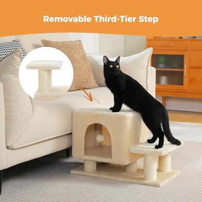 3-in-1 Dog Stairs & Cat Scratching Post with Condo, Pet Steps for High Beds, Sofa, Couch, Tall Cat Tower, High-Strength Boards for Indoor Small Cats Kittens Dogs Climbing Playing, 3 Steps-Beige - color: Beige