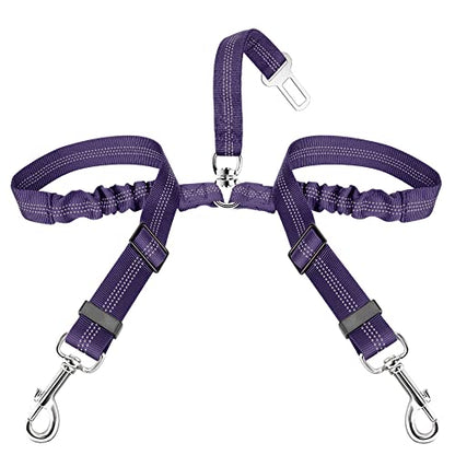 SlowTon Dog Seat Belt, Double Dog Seatbelt Adjustable Vehicle Safety Leash with Elastic Bungee Buffer, Reflective No Tangle Y Shape Two Dog Harness Seat Belt Splitter for Pets Car Trip (Purple, S) - color: H.Purple, size: 2 Small in 1