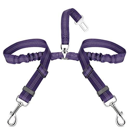 SlowTon Dog Seat Belt, Double Dog Seatbelt Adjustable Vehicle Safety Leash with Elastic Bungee Buffer, Reflective No Tangle Y Shape Two Dog Harness Seat Belt Splitter for Pets Car Trip (Purple, S) - color: H.Purple, size: 2 Small in 1