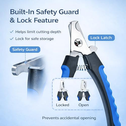 Dog & Cat Nail Clippers & Trimmers - Extra Sharp Dog Clippers with Stainless Steel Blades & Safety Guard to Avoid Overcutting - Ergonomic Cat Nail Clippers with Non-Slip Grip & Lock Feature - color: Blue
