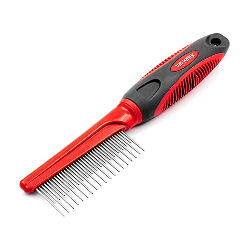 Tuff Pupper Dual Length Detangling Dog Comb | Short and Long Teeth Outer & Inner Coat | Ergonomic Pet Detangling Combs | No-Slip Safety Handle For Precision Control | Rounded Tips Prevent Scratching