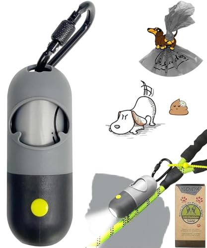 Dog Poop Bag Holder with LED Flashlight for Night Walks,Silicone Tether &Dachshund Pattern Clip for Used Bags, Hands-Free Metal Leash Carabiner, 15 Scented Waste Bags (Gray) - color: Gray