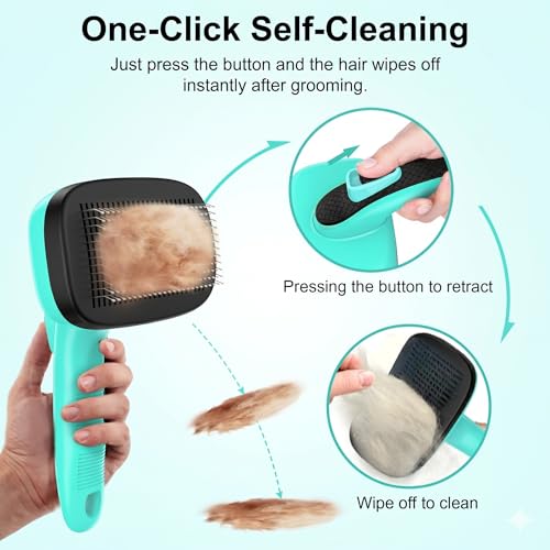 Self Cleaning Slicker Brush for Dog and Cat Deshedding, Green | Shedding Brush for Dogs & Cats, One-Click Retractable Bristles for Easy Cleaning Flying Hair at Home - color: Aqua Green 1 PCS