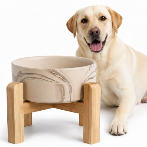 hjn Elevated Ceramic Dog Bowl with Bamboo Stand, Raised Pet Feeding Station for Small Medium Dogs Cats, Modern Design with Anti-Slip Base (Marble Brown, 7.6Cup) - color: Marble Brown, size: 7.6Cup