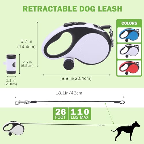 SCENEREAL Retractable Dog Leash for Small Medium Large Dogs up to 110lbs, 26ft 360° Tangle-Free Nylon Tape with Anti-Chewing Wire Rope&Waste Bag Dispenser, Heavy Duty Long Durable One-Handed Brake - color: Chew Proof (Black & White /26ft)