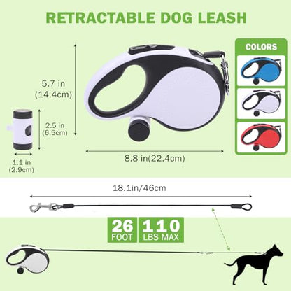 SCENEREAL Retractable Dog Leash for Small Medium Large Dogs up to 110lbs, 26ft 360° Tangle-Free Nylon Tape with Anti-Chewing Wire Rope&Waste Bag Dispenser, Heavy Duty Long Durable One-Handed Brake - color: Chew Proof (Black & White /26ft)