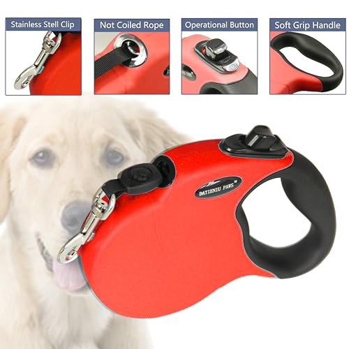 16FT Retractable Dog Leash for Medium Dogs up to 44lbs with Chew Proof Steel Wire Extender, Lightweight, Durable & Safe One-Hand Operation Red M - color: Red, size: Medium