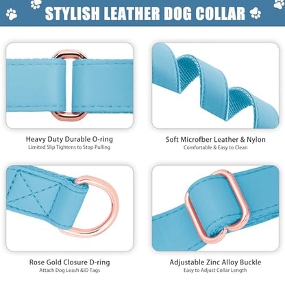 Soft Leather Martingale Dog Collar - Adjustable Rose Gold Limited Slip Collars [Easy to Clean], Stylish Durable Heavy Duty Nylon No Pull Training Collar for Small Medium Large Dogs XS Light Blue - color: Light Blue, size: XS (Neck 8"-11", Width 3/5")