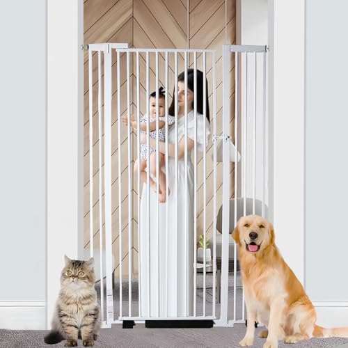55.1 Inch Extra Tall Pet Gate, 29.92"- 43" Adjustable Dog Gates | Pressure Mounted, Walk Through, Cat Gate, No Drilling, Narrow Slat, Heavy-duty Steel, For Doorways, Stairs, Hallway, Kitchen - color: White