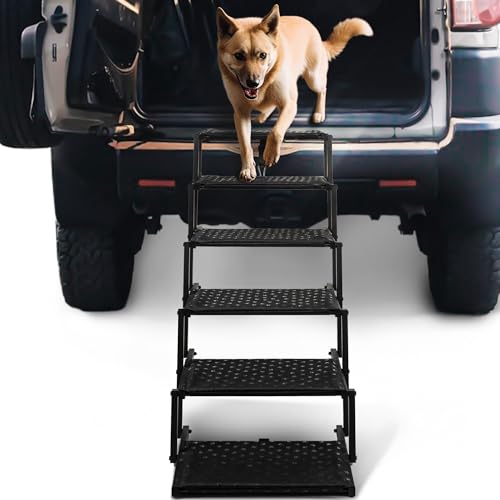 Dog Stairs for Car - Foldable Dog Ramps for Large Dogs with Non Slip Surface, Portable Dog Steps for Cars and SUV, Truck, Support Up to 200 Lbs, 6 Steps - color: Black, size: Standard 6 Steps