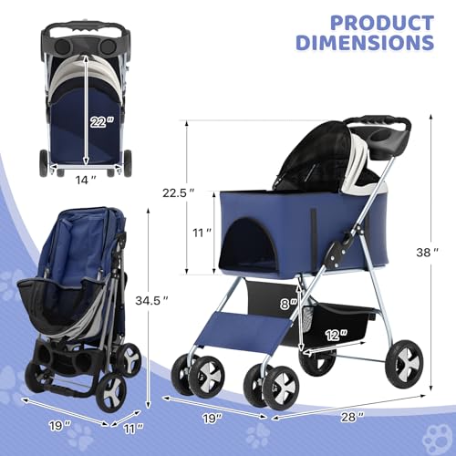 Magshion Foldable Pet Stroller, 3-in-1 Dog Travel Jogger with Detachable Carrier, Cup Holder, Storage Basket, Folding Carrier for Small/Medium Dogs & Cats Up to 33 lbs, Navy Blue - color: Navy Blue, style: Up to 33 lbs