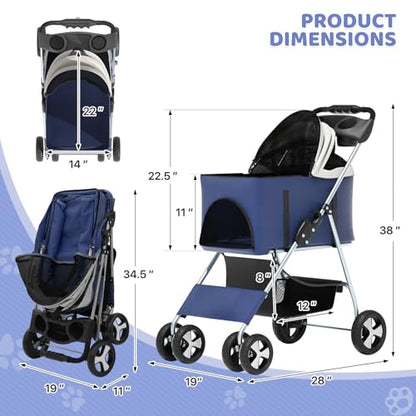 Magshion Foldable Pet Stroller, 3-in-1 Dog Travel Jogger with Detachable Carrier, Cup Holder, Storage Basket, Folding Carrier for Small/Medium Dogs & Cats Up to 33 lbs, Navy Blue - color: Navy Blue, style: Up to 33 lbs