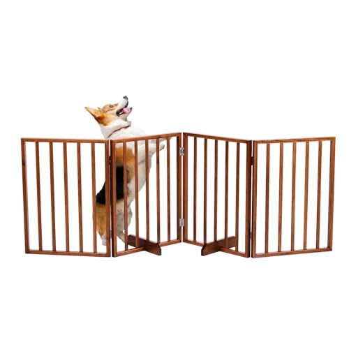 24" Tall Freestanding Pet Gate 4-Panel Wooden Dog Fence with 2 Support Feet, Wooden Folding Dog Barrier for Indoor, Stairs, Doorways, Halls, Kitchen No Assembly Required (Brown) - size: 24in Brown