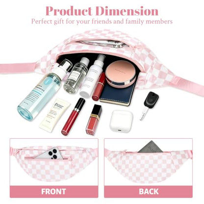MAXTOP Large Crossbody Fanny Pack with 4-Zipper Pockets,Gifts for Enjoy Sports Festival Workout Traveling Running Casual Hands-Free Wallets Waist Pack Phone Bag Carrying All Phones - color: Checkered-Light Pink, style: Large Fanny Pack(4 Zipper Pockets)