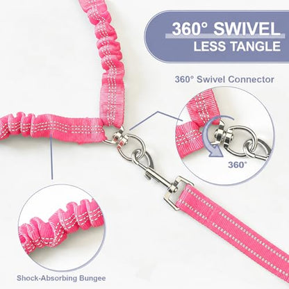 Double Dog Leash for Two Dogs, Complete Set with 31.5" Main Leash + Adjustable Splitter, Padded Handle, D-Ring, 360° Swivel, Shock-Absorbing Bungee, Reflective for Small Medium Large Dogs (Pink) - color: Pink