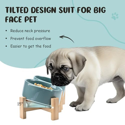 SPUNKYJUNKY 15° Slanted Ceramic Dog and Cat Bowl with Wooden Stand, Tilted Bulldog Food and Water Bowl No Slip Non-Spill for Cats Medium Dogs Big Face Pets 28.7 OZ (3.6 Cups, Light Green × 2) - color: Light Green, size: 3.6 CUPS × 2
