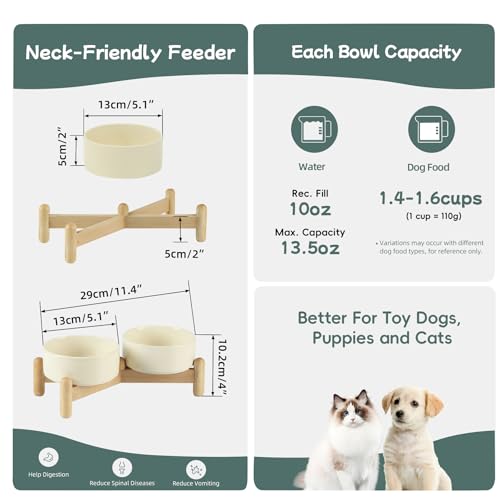 Havniva 5.1inch Ceramic Raised Dog Bowl with Stand, Double Dog Bowls Elevated for Small Breed Dog Food and Water Bowl Set Non-Slip Dog Dish Large Capacity Feeding Pet Water Bowl - color: 2 Bowls+Stand - Light Yellow, size: 5.1inch