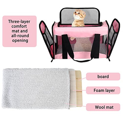 Cat Carrying Case - Pet Carrier Airline Approved, Protable and Breathable Pet Travel Carrier Removable Fleece Pad, Collapsible Cat Carrier Dog Carrier for Medium Cats Small Cats Dogs (Medium, Pink) - color: pink, size: 17.0"L x 11.0"W x 11.0"H