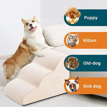 Dog Steps for Small Pets, Dog Stairs for High Beds and Couch, 16" 3-Step High Density Foam Pet Stairs for Dogs Injured, Older Dogs Cats, Pet with Joint Pain (Beige) - size: 3-Steps