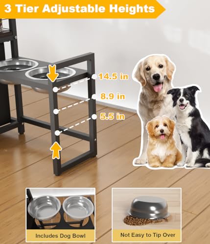 30.6Long x 26.2 High Elevated Dog Bowl Stand with Pet Food Storage Organizer, Adjustable Raised Feeding Station with Toy Basket for Large Medium Small Dogs and Cats, Black - color: Black