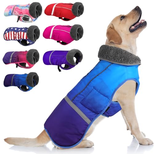 Doglay Dog Coat, Waterproof Dog Jacket Pet Winter Coat for Cold Weather with Thicken Furry Collar, Reflective Puppy Winter Jacket Warm Fleece Lining for Small Medium Large Pets - color: Gradient Blue Purple, size: S(Chest : 11-18.11" , Back : 9.84")