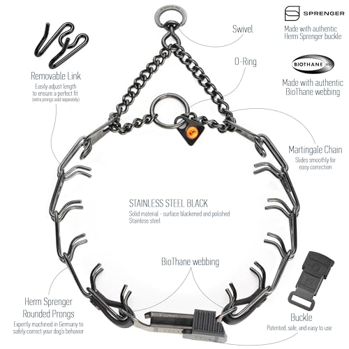 Herm Sprenger Black Stainless Steel Dog Collar with Quick Release ClicLock Buckle and Biothane Insert Training Collar Made in Germany (Black, 16in x 2.25mm(Neck Size up to 13-14in)) - color: Black, size: 16in x 2.25mm(neck size up to 13-14in)