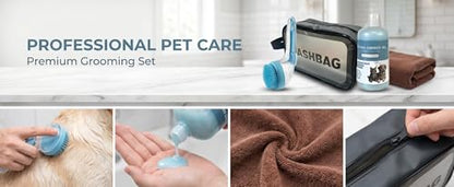 [Zmonap] Dog Cat Bath Brush Kit with Soap Dispenser, 250ML Gentle Pet Shower Gel, Super Absorbent Quick Dry Towel & Waterproof Storage Bag, All-in-One Pet Grooming Bathing Supplies for Indoor Outdoor