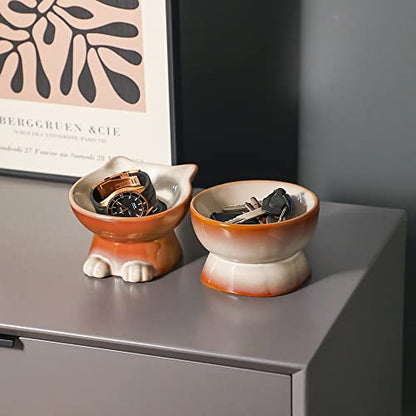 Nihow Elevated Cat Bowls,5 Inch Ceramic Raised Cat Food and Water Bowl Set | Slanted,Whisker Friendly,for Protecting Pet's Spine,Microwave & Dishwasher Safe ,Elegant Brown 4.5 OZ, Set of 2 - color: Brown, size: 4.5 OZ+8 OZ