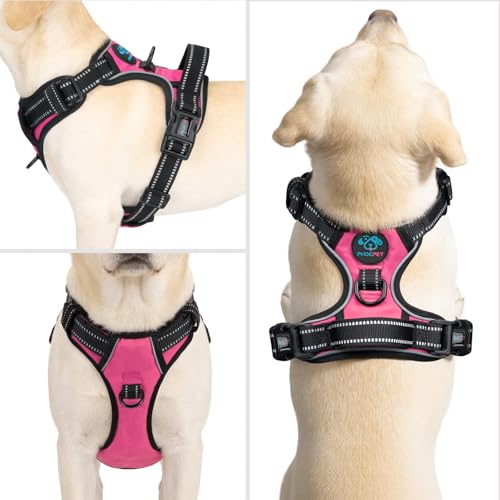 PHOEPET No Pull Dog Harness Medium Reflective Front Clip Puppy Vest with Handle, Adjustable 2 Metal Leash Attachment Hooks(M, Pink) - color: Pink, size: Medium