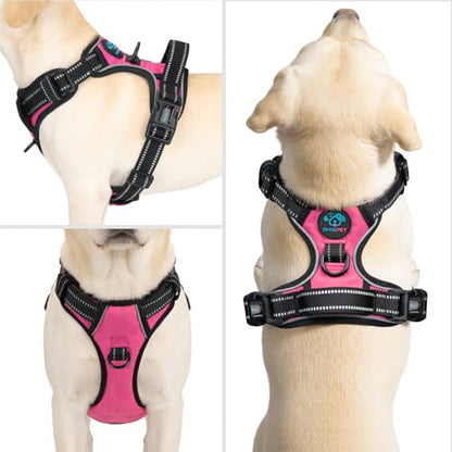 PHOEPET No Pull Dog Harness Medium Reflective Front Clip Puppy Vest with Handle, Adjustable 2 Metal Leash Attachment Hooks(M, Pink) - color: Pink, size: Medium