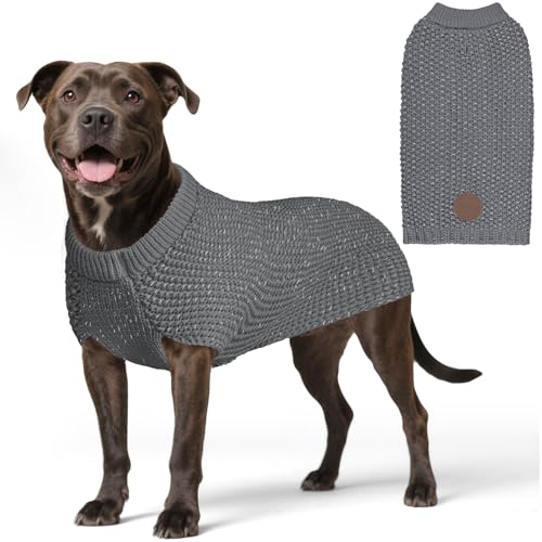 KYEESE Dog Sweater with Leash Hole Warm Pullover with Reflective Yarn for Small and Medium Dogs Male Soft Knit Pullover Boy Dog Coats Cozy Lightweight Thick Sweater,Grey,Large - color: 7# Grey, size: L (30-45lbs)