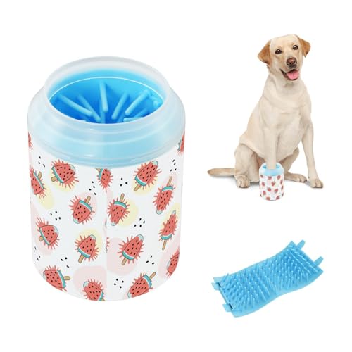 Watermelon White Print Dog Paw Cleaner Cup with Soft Silicone Brush, Small Portable Lightweight Muddy Paw Washer for Dogs, Easy to Use Pet Foot Cleaner