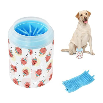 Watermelon White Print Dog Paw Cleaner Cup with Soft Silicone Brush, Small Portable Lightweight Muddy Paw Washer for Dogs, Easy to Use Pet Foot Cleaner
