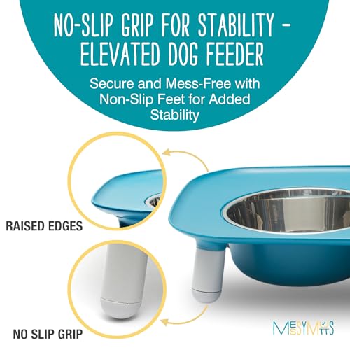 Messy Mutts Elevated Double Feeder with Stainless Bowls | Adjustable Height 3”, 5”, or 10” | Adjustable Standing Feeder for Dogs | 5 Cups per Bowl | Blue - color: Blue