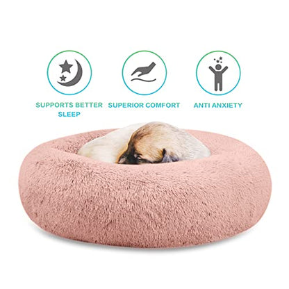 SAVFOX 23 inches Calming Donut Dog Bed - 3X Durable Plush Faux Fur, Machine Washable & Non-Slip, Fits up to 25 lbs, Pink - color: Pink, size: Small | 23"x23"