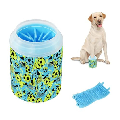 Sports Soccer Balls Blue Print Dog Paw Cleaner Cup with Soft Silicone Brush, Small Portable Lightweight Muddy Paw Washer for Dogs, Easy to Use Pet Foot Cleaner