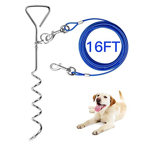 EvilplanDog Tie Out Cable and Stake, 16ft Outside Dog Leash&Chain for Camping and Yard, 16'' Heavy Duty Anti Rust Spiral Stake for Medium-Large Dogs Up to 125 lbs